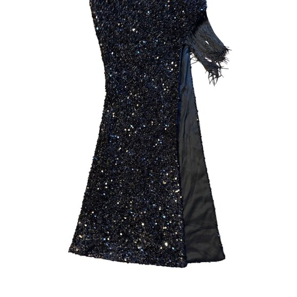 Black Sequined One-Shoulder Gown With Fringe Detail Party Evening - Picture 5 of 8